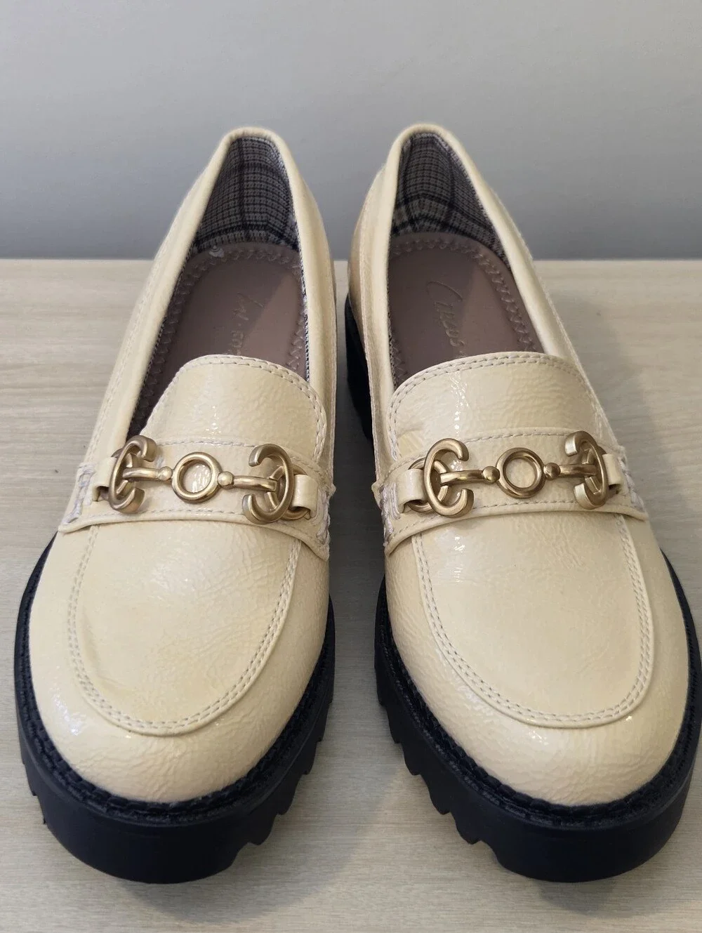Circus Cream Patent Leather Loafers with Gold Horsebit